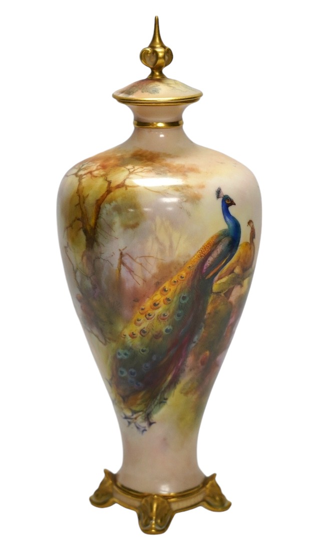 A Worcester vase and cover, painted with peacocks by J W Sedgley, model number 106, 25cm. Condition - good